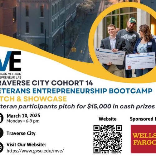 Promotional flyer for the Michigan Veteran Entrepreneur Lab event with event details, a street background image, and an inset photo of people with oversized checks.